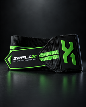 ZAPLIX X-Wrap Elite black and lime green wrist wraps with carry pouch, user manual and authentication card