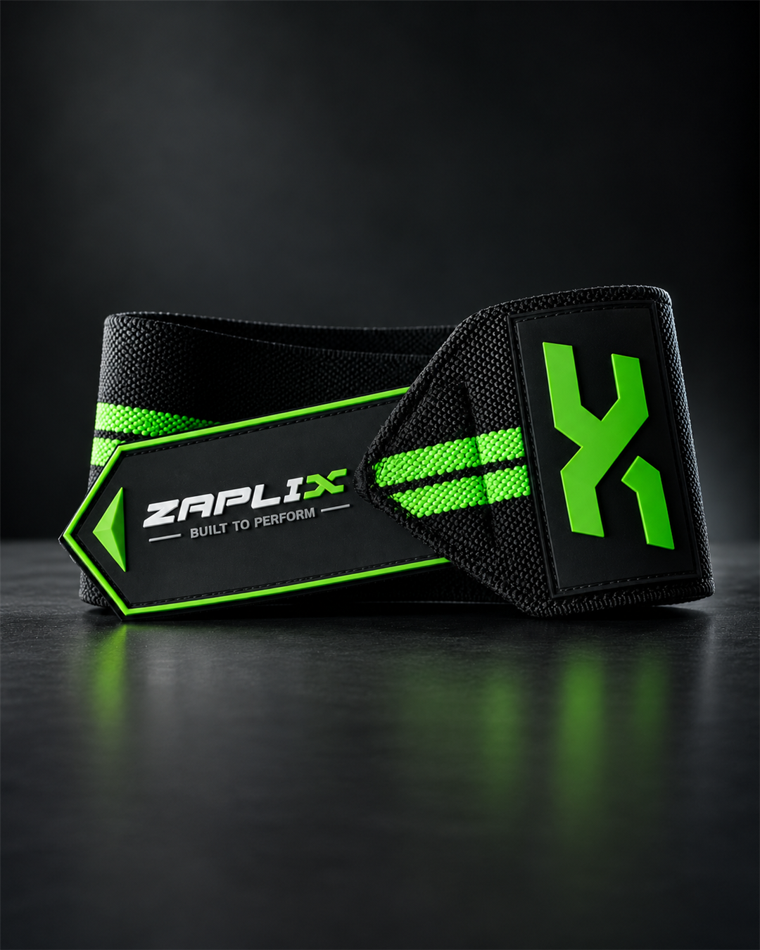 Thumb loop and nylon hook-and-loop closure of ZAPLIX X-Wrap Elite black and lime green wrist wraps