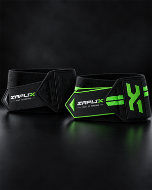 Thumb loop and nylon hook-and-loop closure of ZAPLIX X-Wrap Elite matte black and lime green wrist wraps